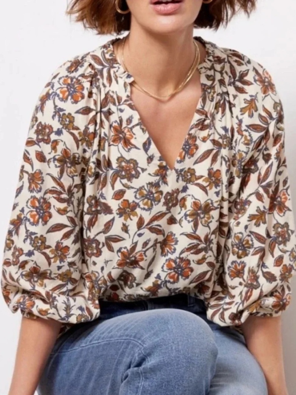 Faherty Portia Linen Blend Peasant Blouse  Floral Ruffle Trim XS